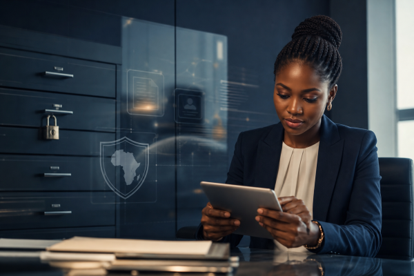Compliance professional reviewing secure business data