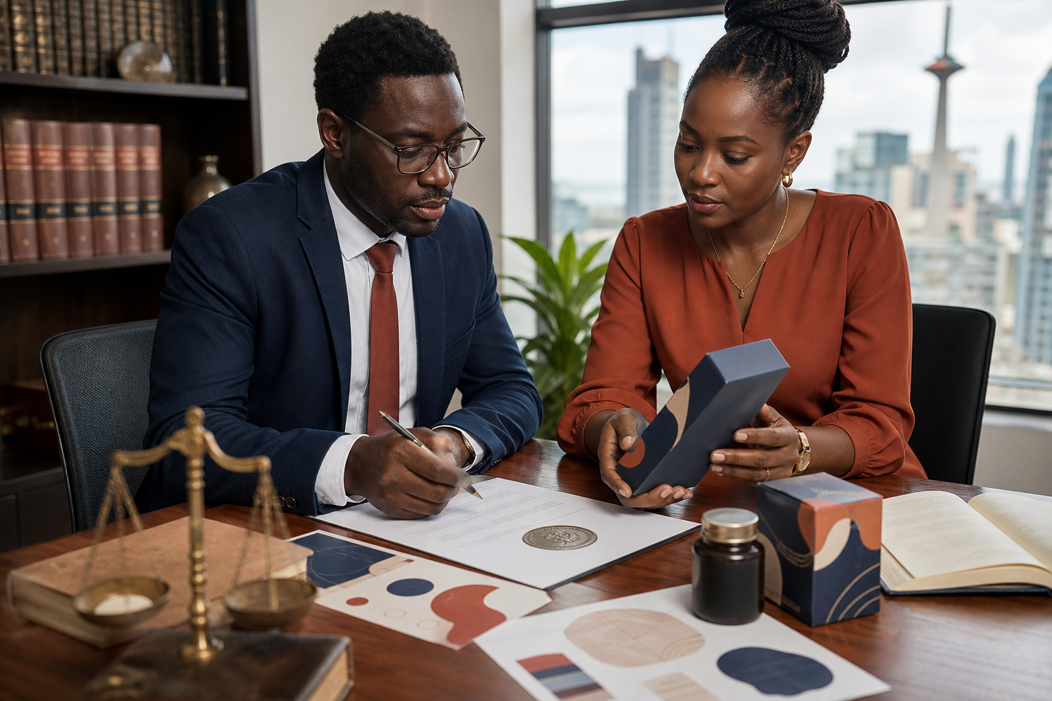 Entrepreneur and legal adviser reviewing brand protection materials